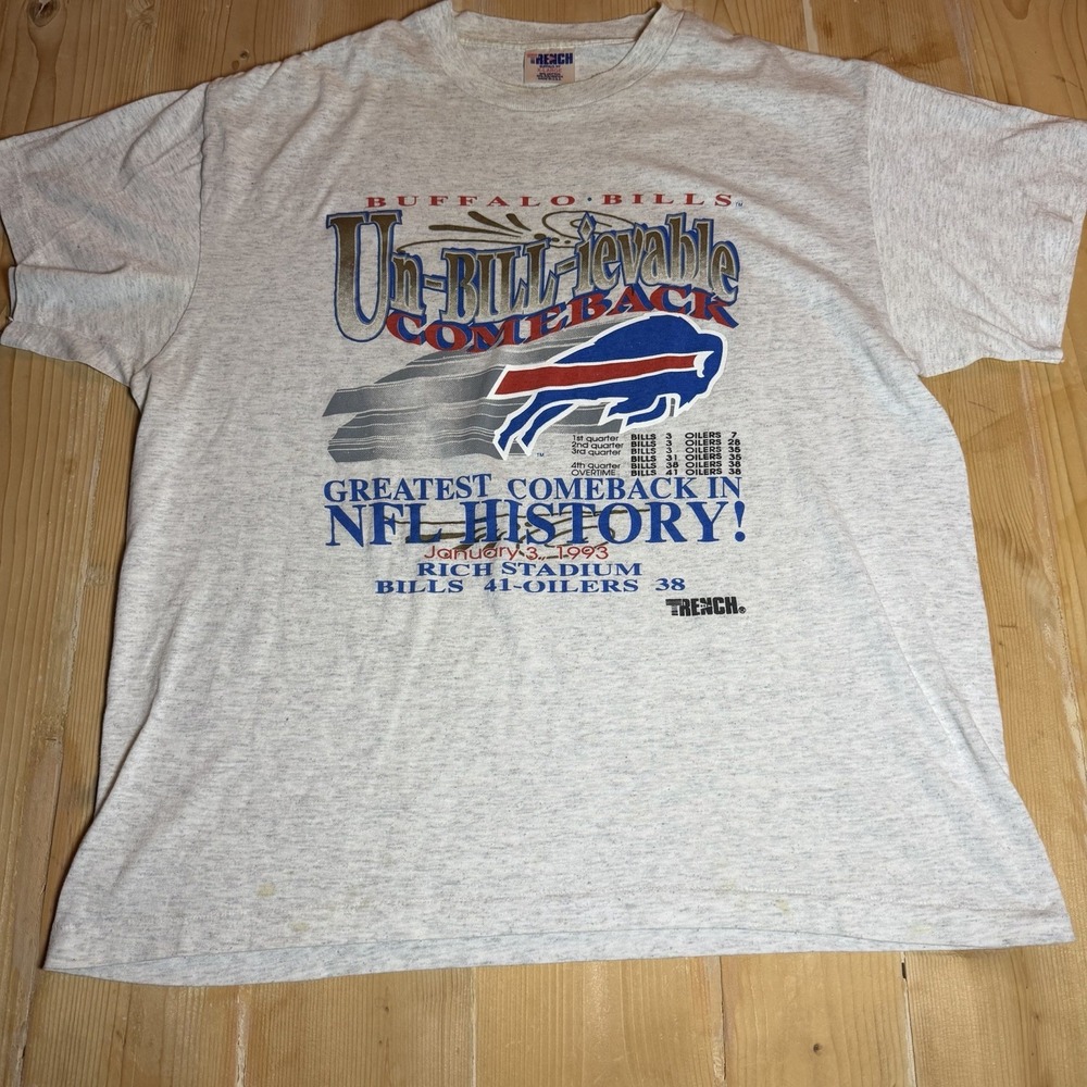 Vintage 1993 Buffalo Bills Trench Comeback T-Shirt Mens XL Gray Single Stitch